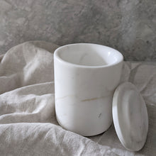 Load image into Gallery viewer, ARCTIC WHITE MARBLE HANDCRAFTED CANDEL VESSEL WITH LID