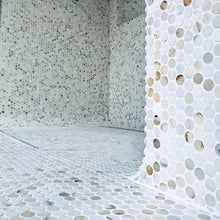 Load image into Gallery viewer, CALACATTA GOLD MARBLE PENNY ROUND HONED MOSAIC