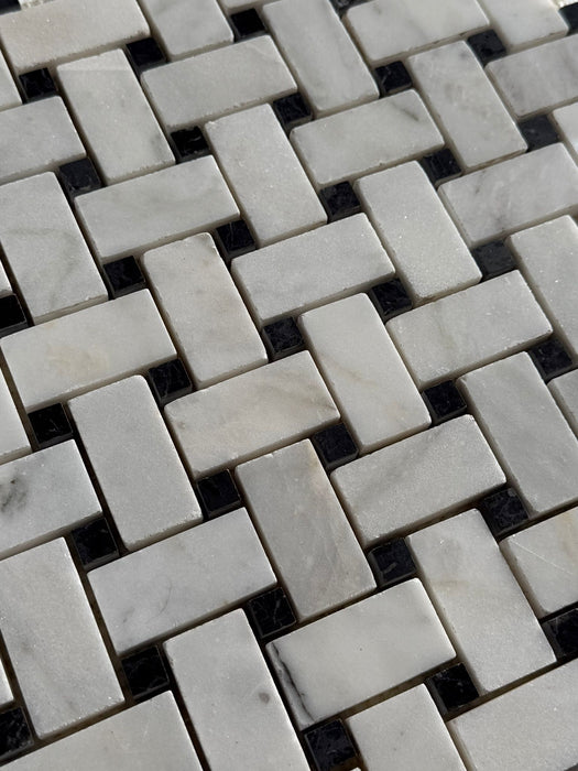 Basketweave Carrara & Nero Dot Marble Mosaic