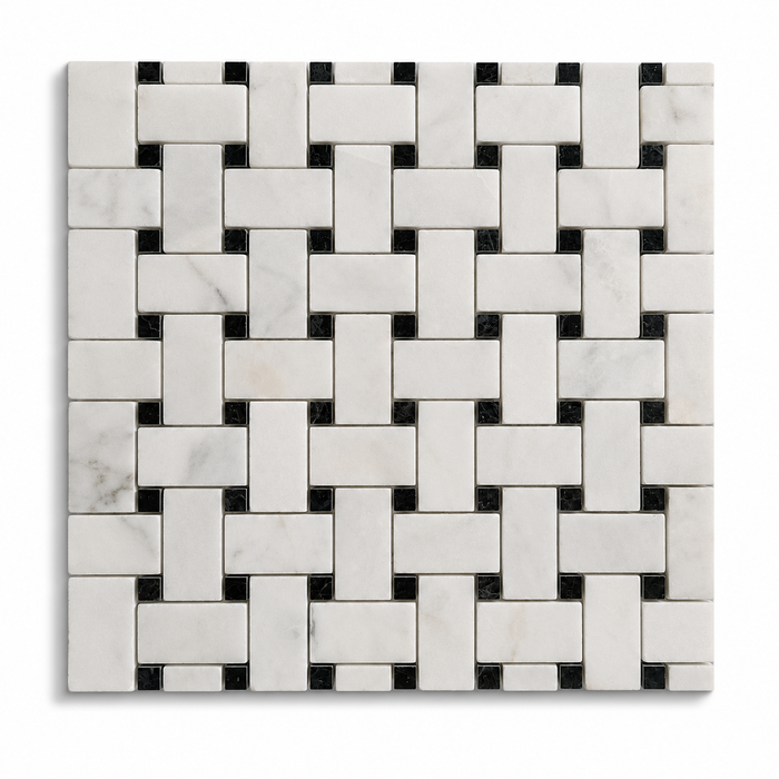 Basketweave Carrara & Nero Dot Marble Mosaic