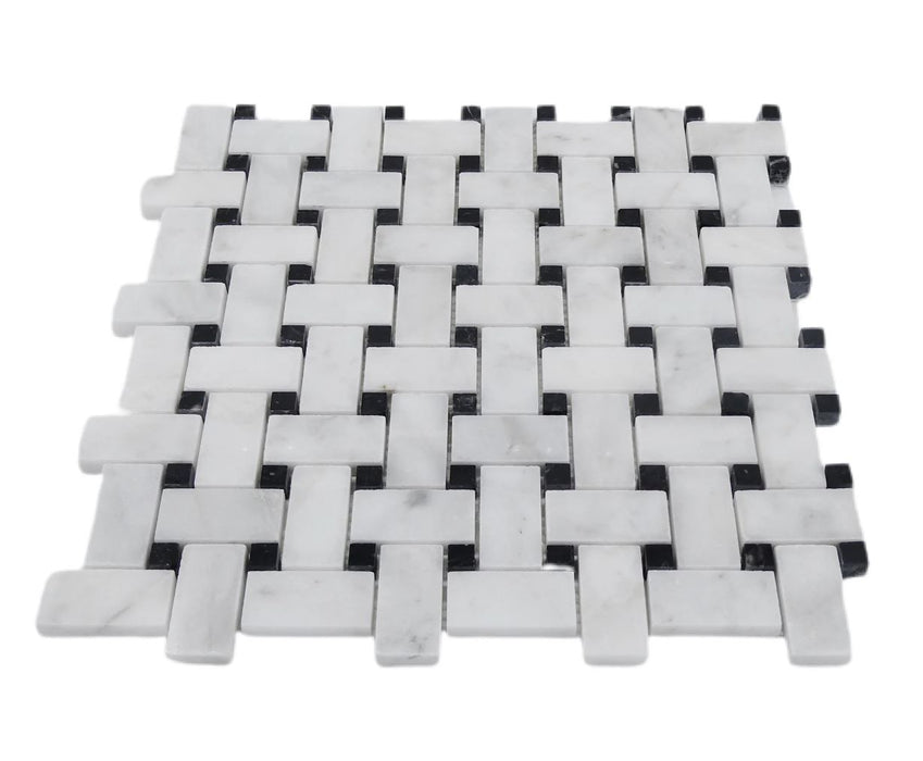 Imperial White Basketweave with Nero Marquina Dot Marble Mosaic