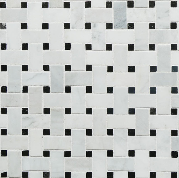Imperial White Basketweave with Nero Marquina Dot Marble Mosaic