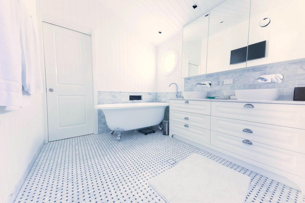 Imperial White Basketweave with Nero Marquina Dot Marble Mosaic