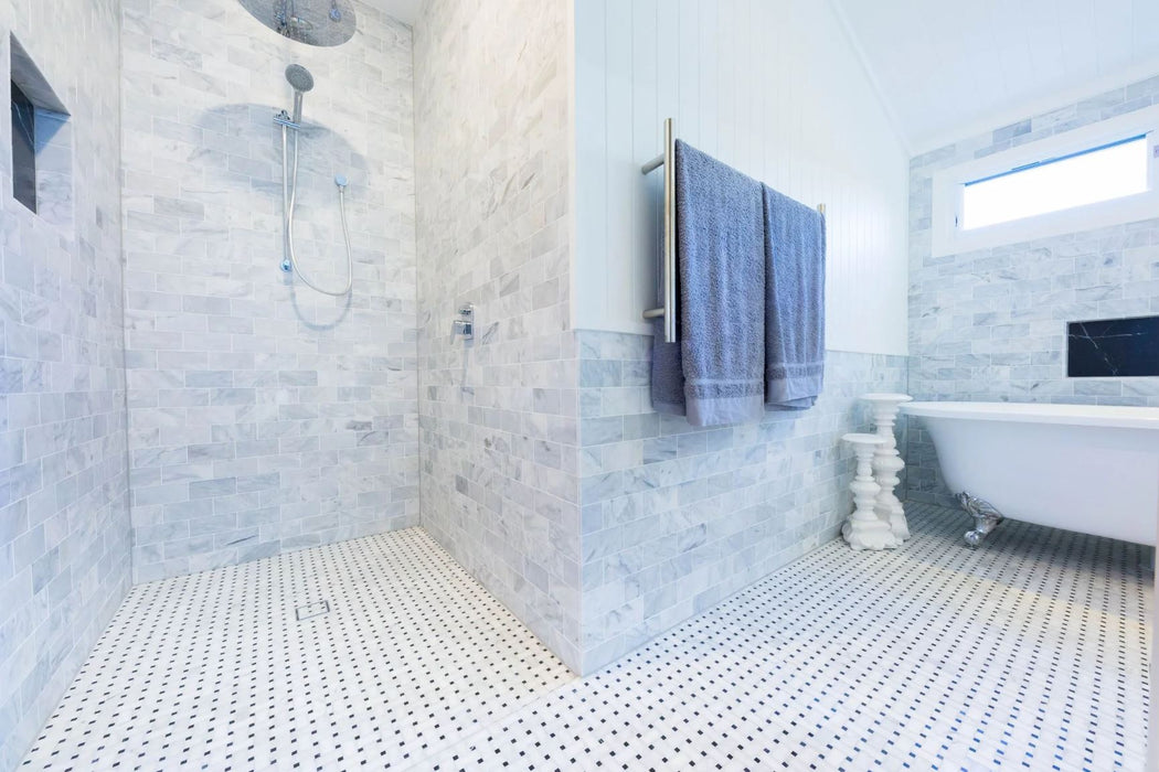 Imperial White Basketweave with Nero Marquina Dot Marble Mosaic