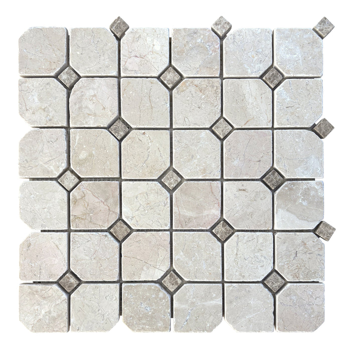 Crema Marfil & Emperador Marble Octagon Mosaic 48x48x10 Tumbled