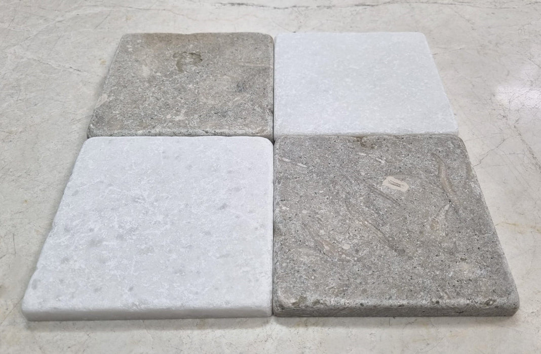 Checkerboard Chateau Green Fossil Limestone & Crystal White Marble Tile