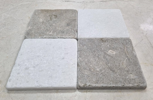 Checkerboard Chateau Green Fossil Limestone & Crystal White Marble Tile