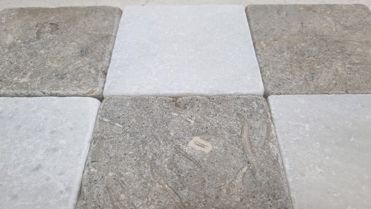 Checkerboard Chateau Green Fossil Limestone & Crystal White Marble Tile