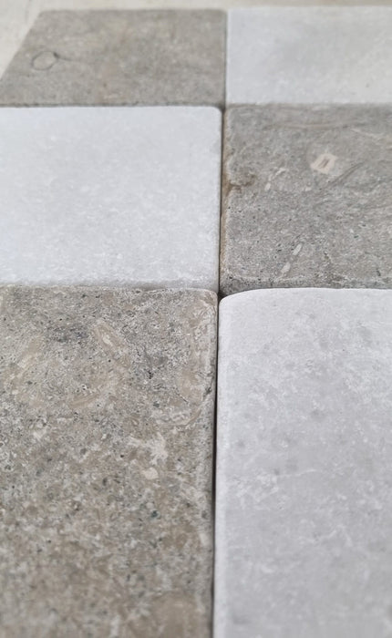 Checkerboard Chateau Green Fossil Limestone & Crystal White Marble Tile