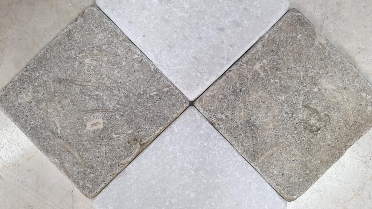 Checkerboard Chateau Green Fossil Limestone & Crystal White Marble Tile