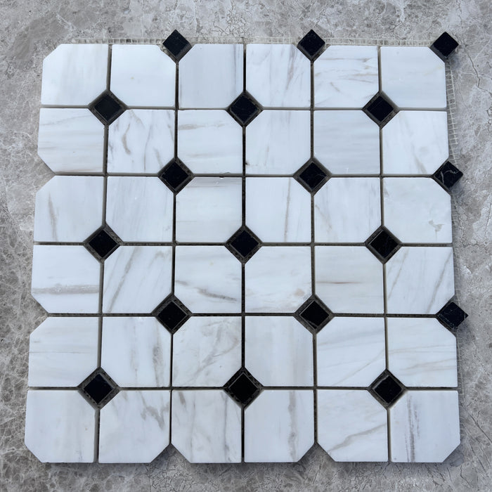 Smokey Dolomite Marble Octagon with Nero Marquina Dot Mosaic