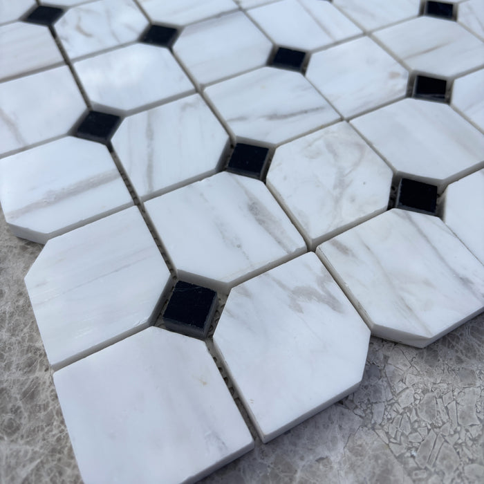 Smokey Dolomite Marble Octagon with Nero Marquina Dot Mosaic
