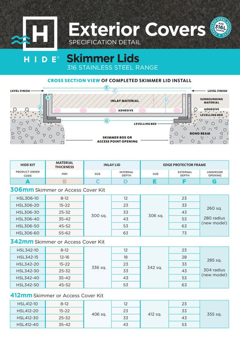 HIDE Skimmer Lid Kit 342mm  | Stainless Steel | 15-22mm