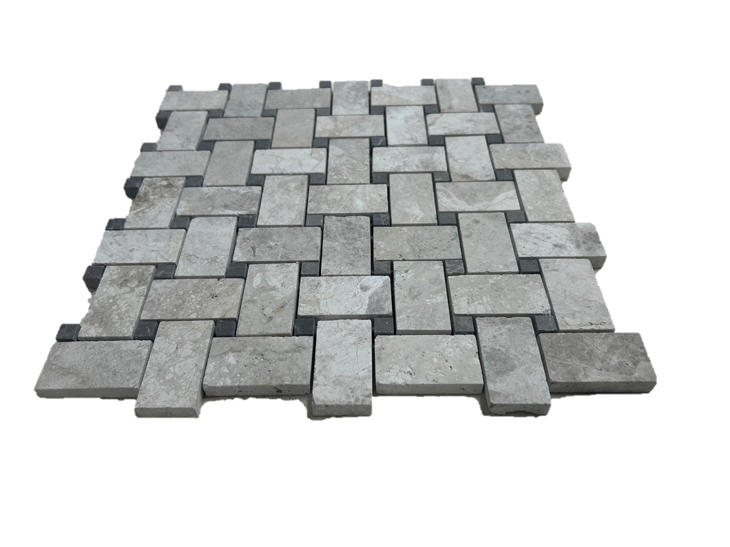 SILVER SHADOW + DARK EMPERADOR DOT MARBLE BASKETWEAVE HONED MOSAIC