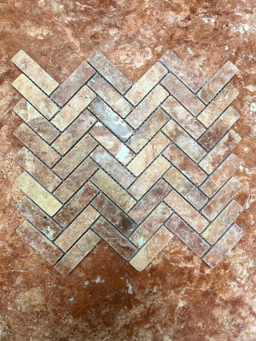 Rosso Travertine Marble Herringbone Mosaic
