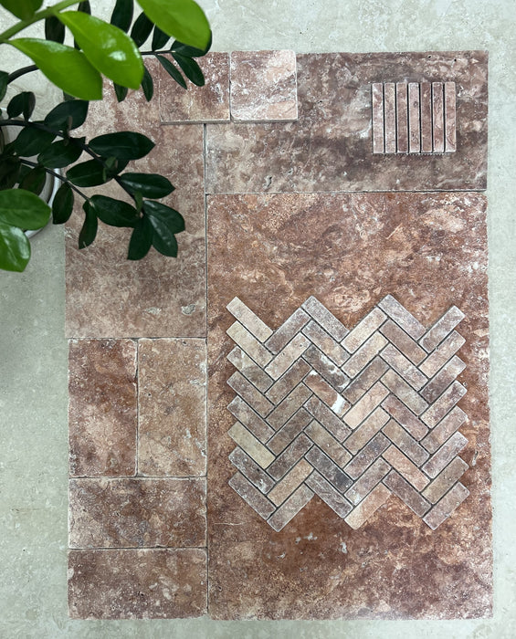 Rosso Travertine Marble Herringbone Mosaic