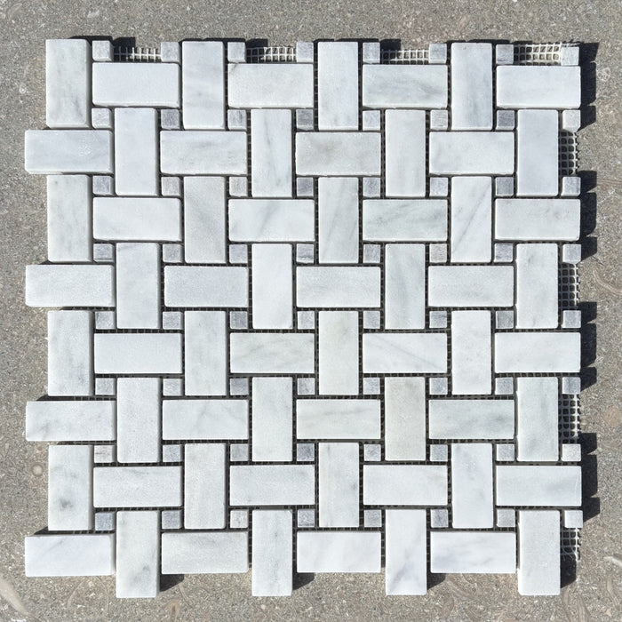 Imperial White Basketweave with Grigio Marble Dot Mosaic