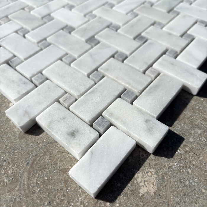 Imperial White Basketweave with Grigio Marble Dot Mosaic