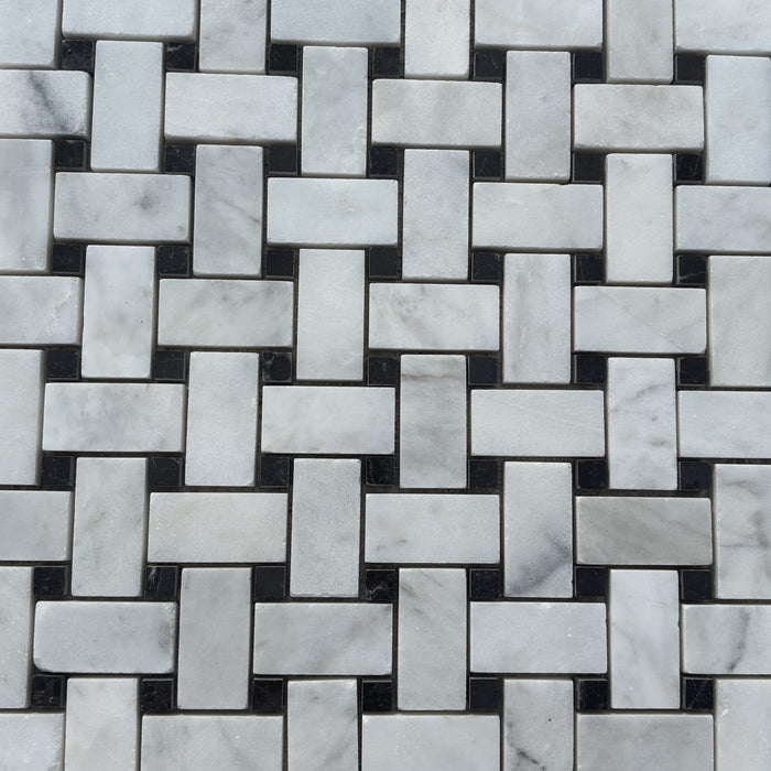 Imperial White Basketweave with Nero Marquina Dot Marble Mosaic Polished