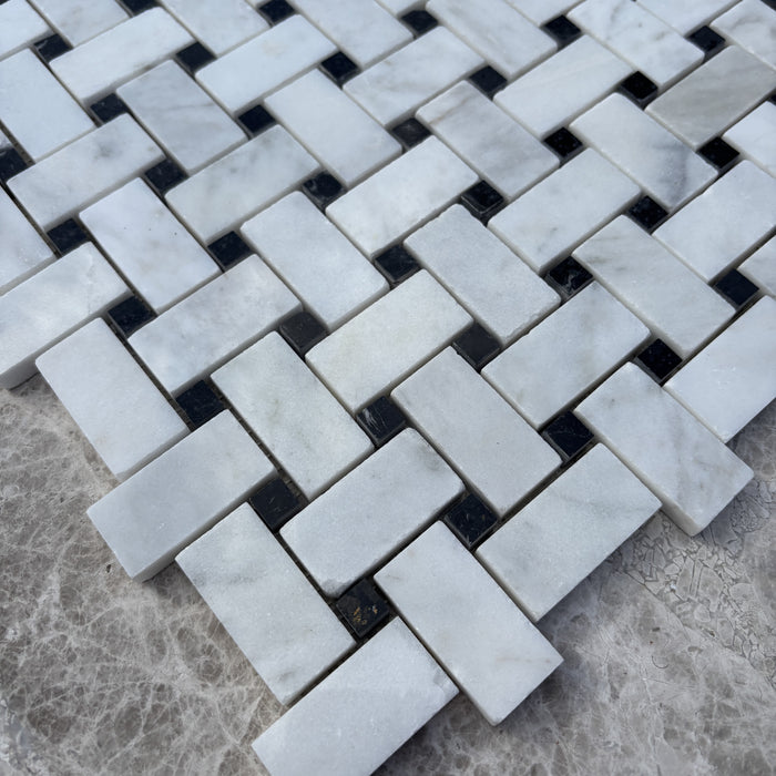 Imperial White Basketweave with Nero Marquina Dot Marble Mosaic Polished