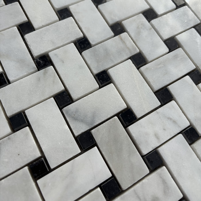 Imperial White Basketweave with Nero Marquina Dot Marble Mosaic Polished