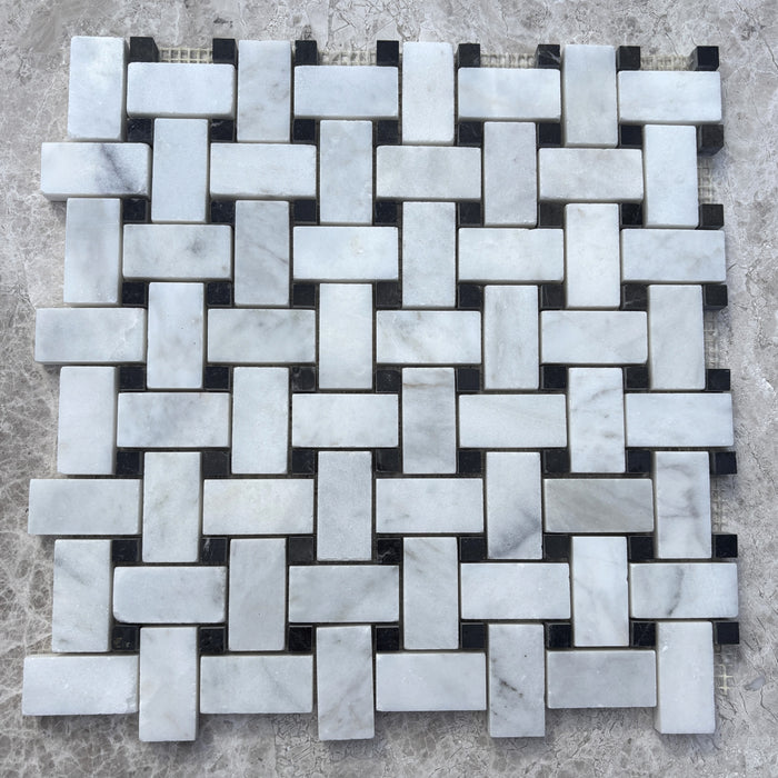 Imperial White Basketweave with Nero Marquina Dot Marble Mosaic Polished