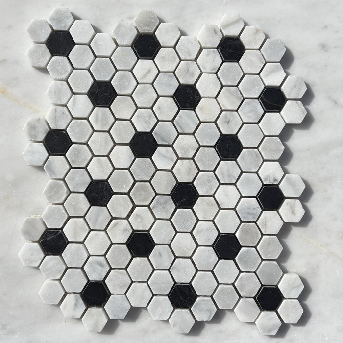 Hexagon Imperial White Marble with Nero Marquina Marble Mosaic