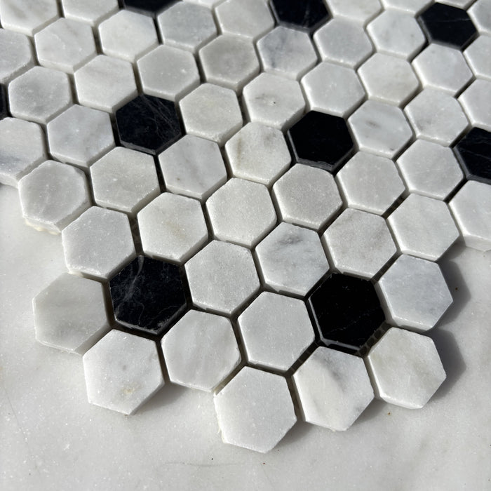 Hexagon Imperial White Marble with Nero Marquina Marble Mosaic