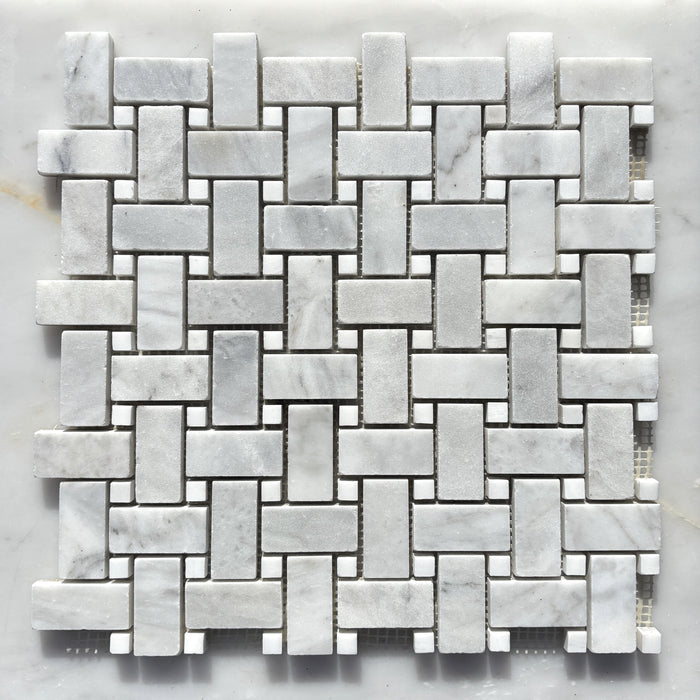 Imperial White Basketweave with Smokey Dolomite Dot Marble Mosaic