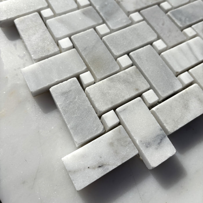 Imperial White Basketweave with Smokey Dolomite Dot Marble Mosaic