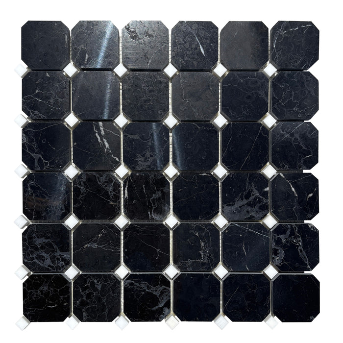 Nero Marquina Marble Octagon with Smokey Dolomite Dot Mosaic Polished