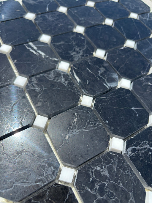 Nero Marquina Marble Octagon with Smokey Dolomite Dot Mosaic Polished