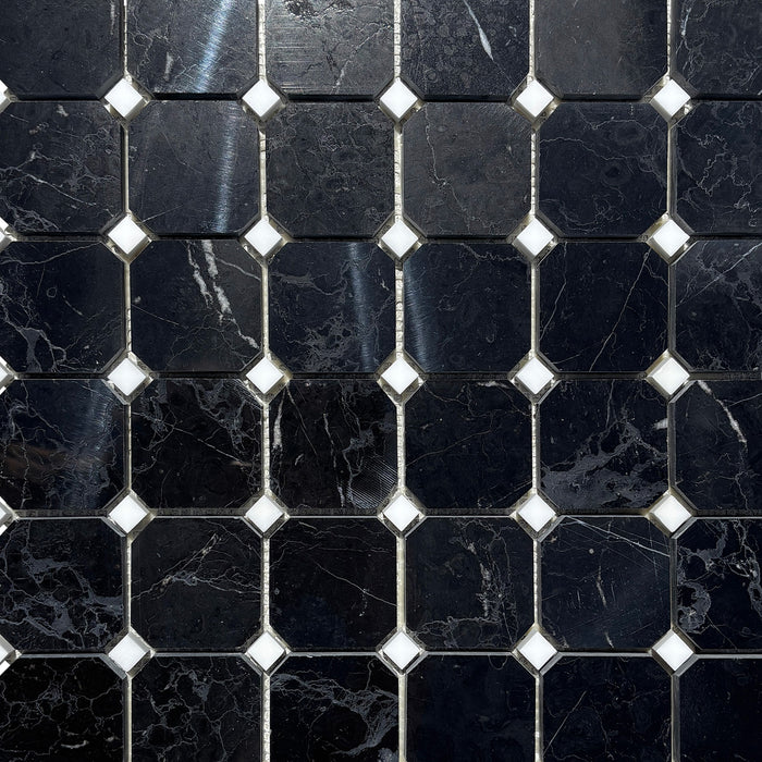 Nero Marquina Marble Octagon with Smokey Dolomite Dot Mosaic Polished