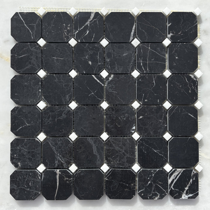 Nero Marquina Marble Octagon with Imperial White Dot Mosaic