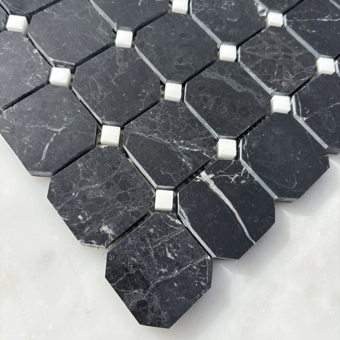 Nero Marquina Marble Octagon with Imperial White Dot Mosaic