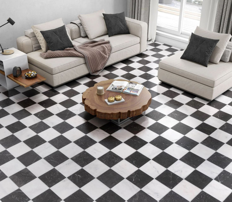 Checkerboard Nero Marquina & Milos Marble Tile 305x305x10 Honed