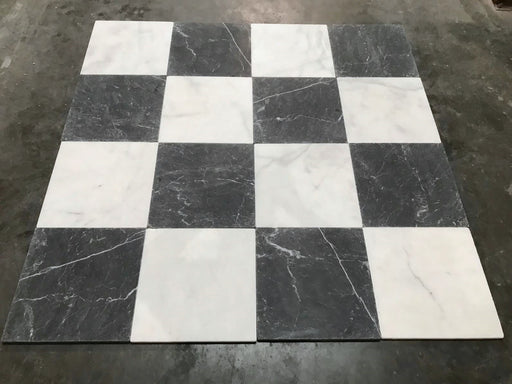 Checkerboard Nero Marquina & Milos Marble Tile 406x406x12 Tumbled