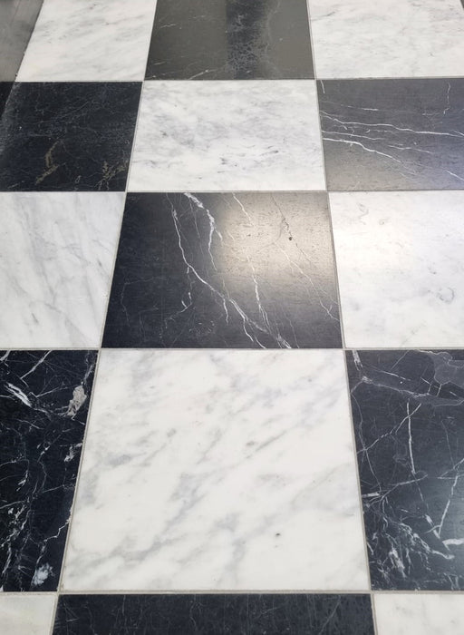 Checkerboard Nero Marquina & Milos Marble Tile 305x305x10 Honed