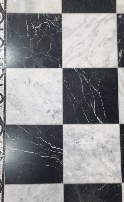 Checkerboard Nero Marquina & Milos Marble Tile 305x305x10 Honed
