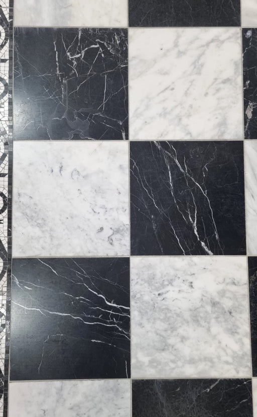 Checkerboard Nero Marquina & Milos Marble Tile 305x305x10 Honed