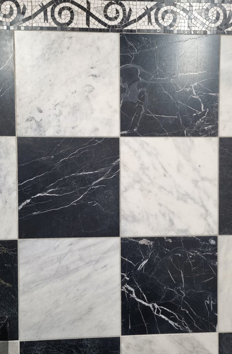 Checkerboard Nero Marquina & Milos Marble Tile 305x305x10 Honed