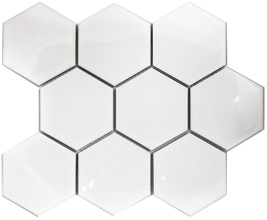 WHITE GLOSS 110MM HEXAGON PORCELAIN MOSAIC