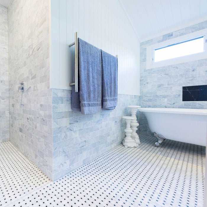 Imperial White Basketweave with Nero Marquina Dot Marble Mosaic
