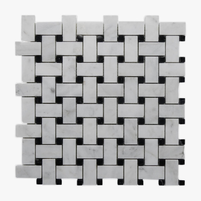 Imperial White Basketweave with Nero Marquina Dot Marble Mosaic