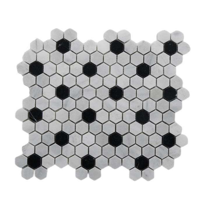 Hexagon Imperial White Marble with Nero Marquina Marble Mosaic