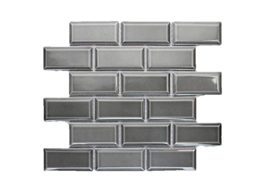 ASH GREY GLOSS BEVELLED BRICKBOND PORCELAIN MOSAIC