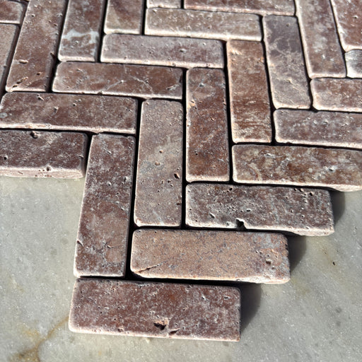 Rosso Travertine Marble Herringbone Mosaic