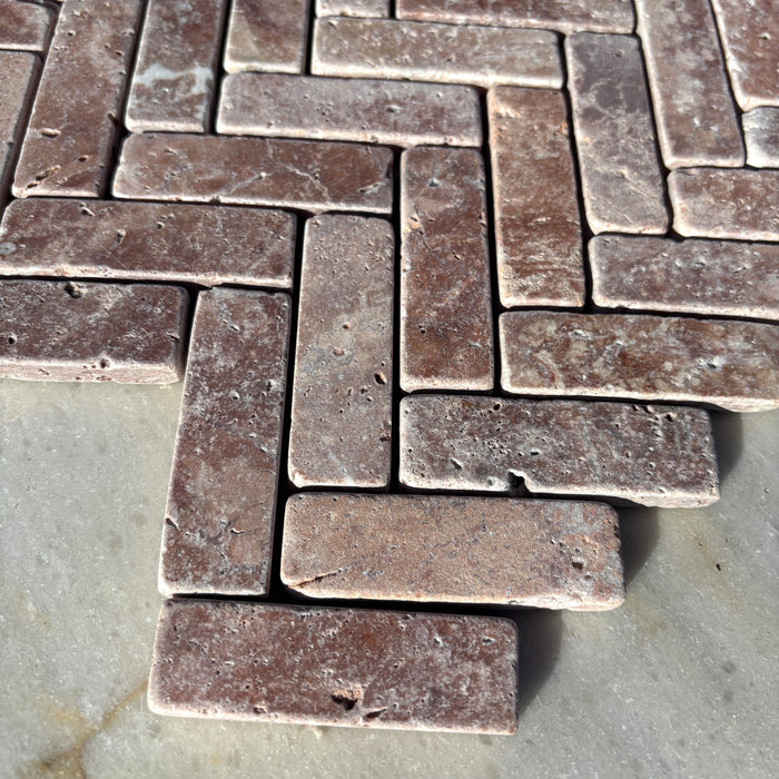 Rosso Travertine Marble Herringbone Mosaic