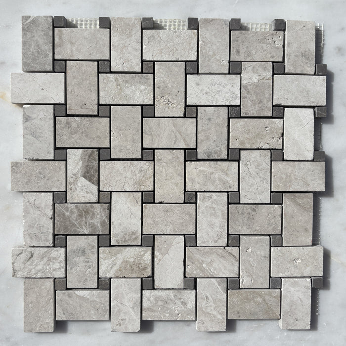 Basketweave Silver Shadow Limestone Mosaic