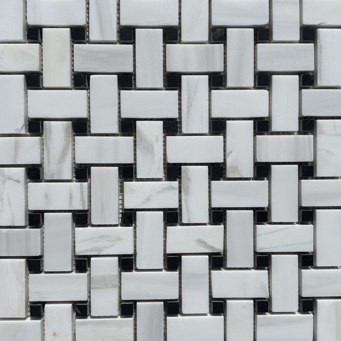 Smokey Dolomite Basketweave with Nero Maquina Dot Mosaic Honed